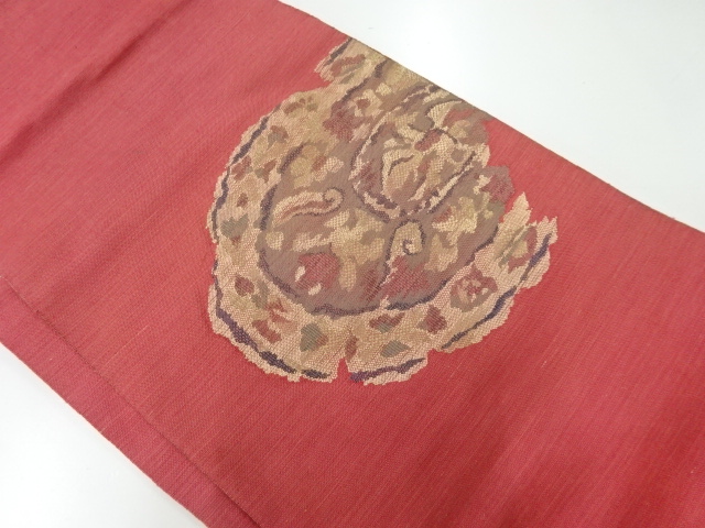 アンティーク　手織り紬割れ絵皿に花蝶模様織出し名古屋帯